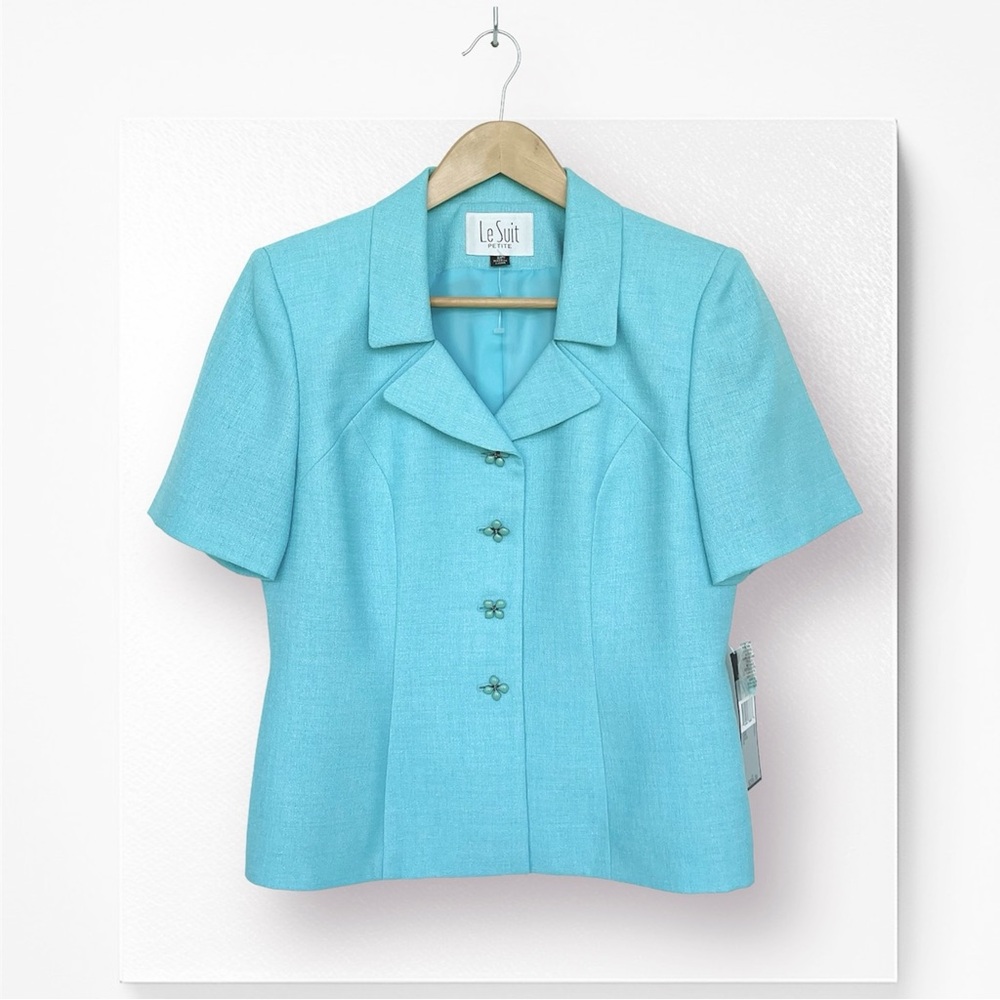 Le Suit Retro Blazer Jacket Enamel Buttons Short Sleeve Lined Notched Lapel